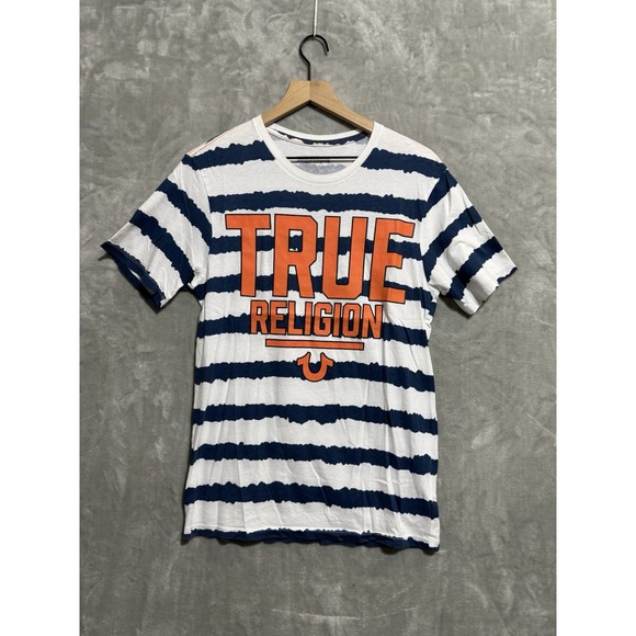 True Religion Other - True Religion Graphic Shirt Men's XS Striped Wide Blue White Orange‎ Y2K Buddha